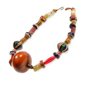 Vintage Tribal Trade Bead Necklace w/ Resin Center & Krobo Glass